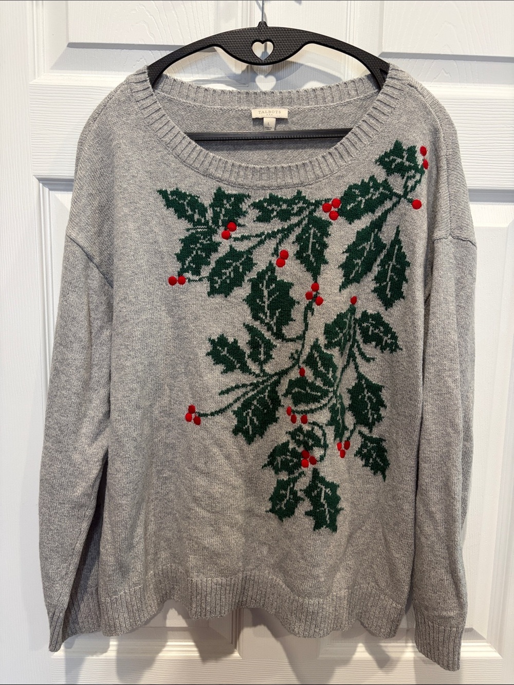 Talbots Gray Crewneck Sweater with Green Holly and Red Berries